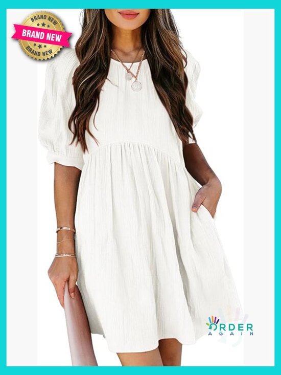 Dresses & Skirts - Puff Sleeve Empire Waist Mini Swing Dress with Pockets Elegant Casual